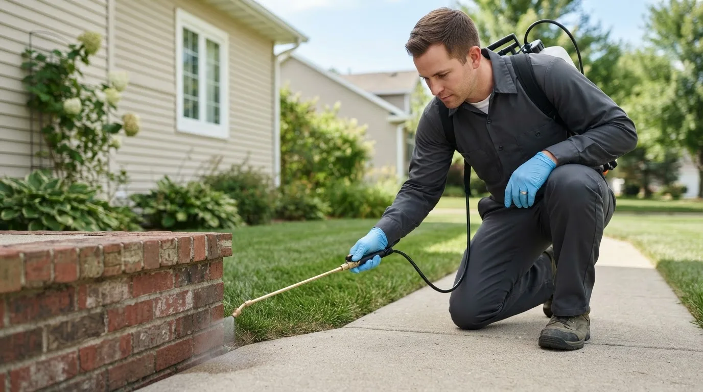 Pest control technician treating a home near Reubens, ID